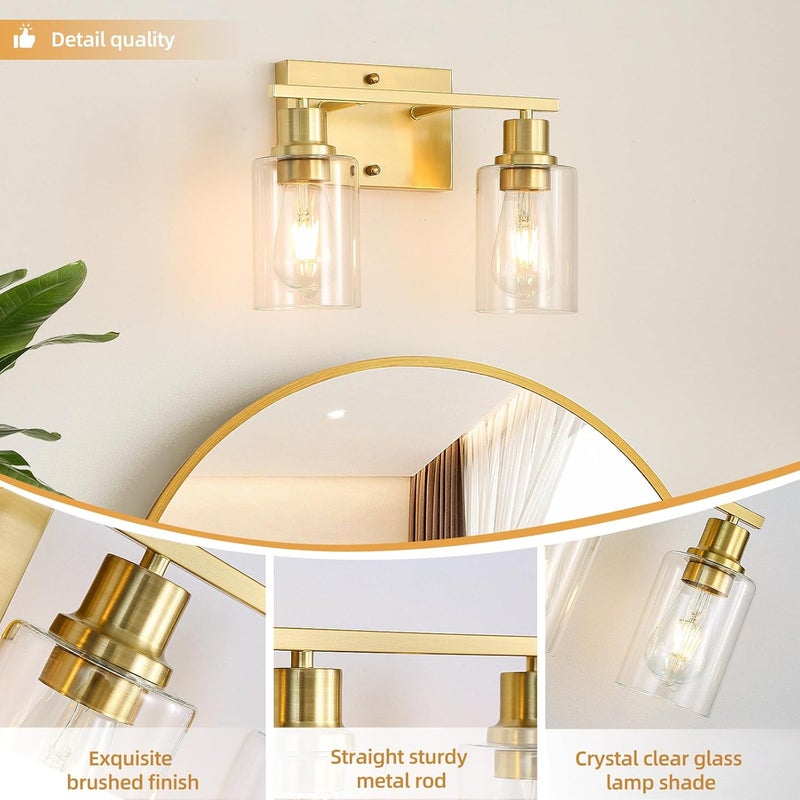 EMONG Gold Bathroom Light Fixtures, 2-Lights Brushed Brass Vanity Light with Clear Glass Shade, Modern Wall Sconces for Hallway, Farmhouse, Living Room - Image 2